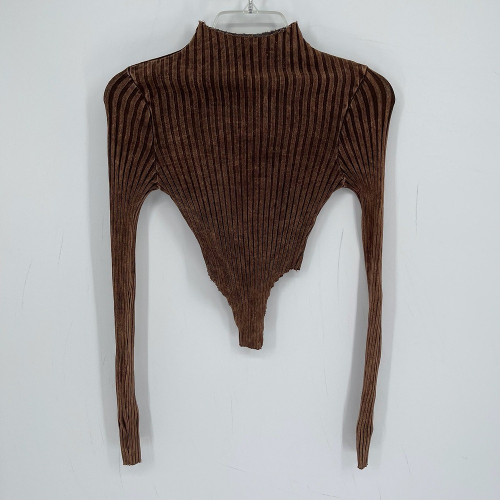 Akira Women's Brown Ribbed Mock Neck High Cut Long Sleeve Thong Bodysuit Size S